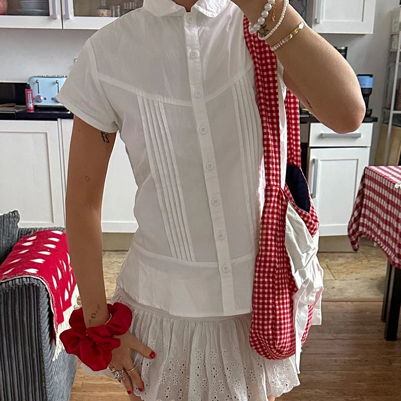 Turn-Down Collar Button-Up Corset Blouse 's Tee Shirt Short Sleeve Top
