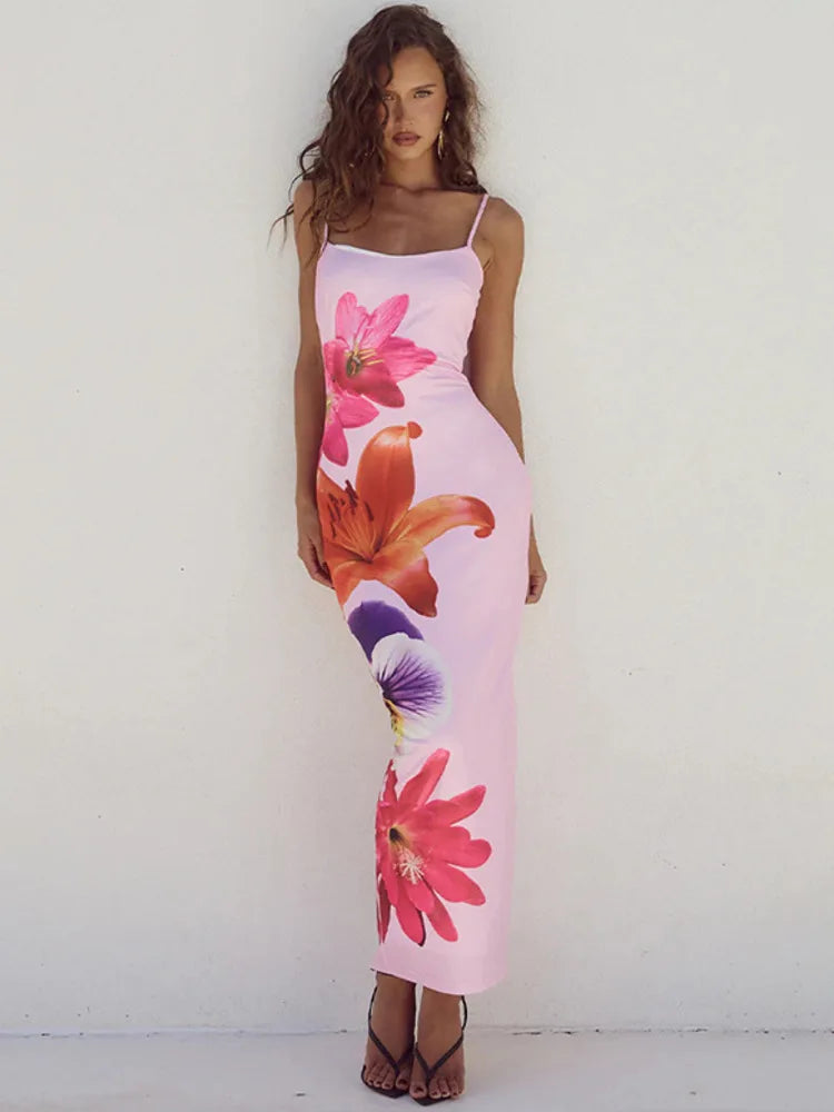 Floreal Long Dress Gown Spaghetti Strap Sleeveless Backless Bodycon Midi Dress