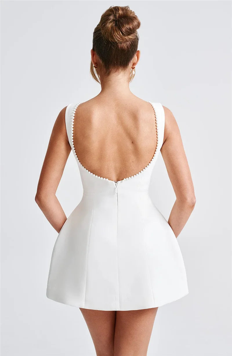 Pearl Bow Backless Mini Dress Zipper Sleeveless High Waist A-line Dress