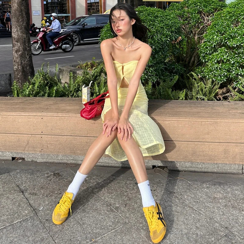 Yellow Strapless Crop Top and High Waist Midi Skirt Set