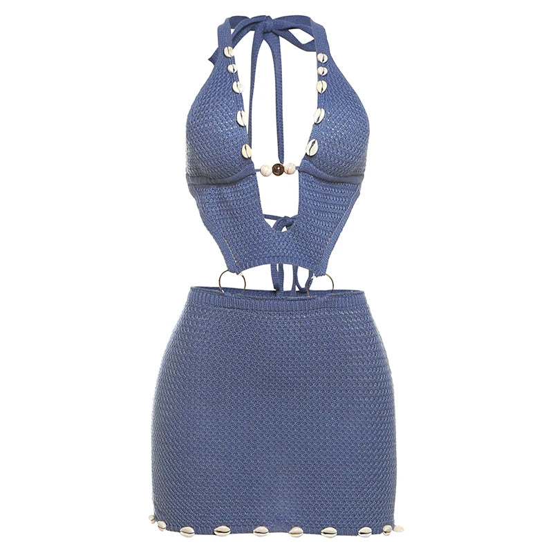Crochet Conch Hem Dress Hollow Backless Pearl Halter Bodycon