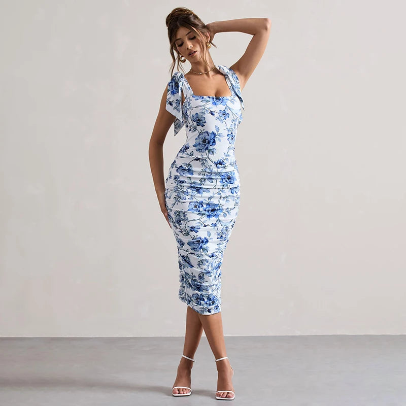 'S Spring And Shrink Pleated Package Hip Slim Printing Camisole Tie Dress Dress