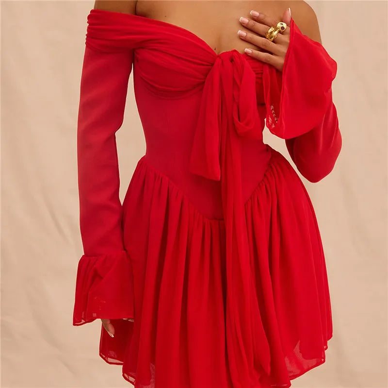 Strapless Backless Mini Dress For Red Off-shoulder Long Flare Sleeve Pleated Dress