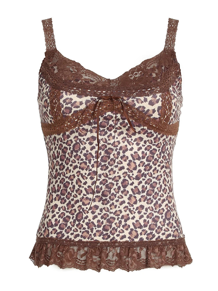 Leopard Print Camisole Backless Lace Patchwork Sleeveless Top Bustiers