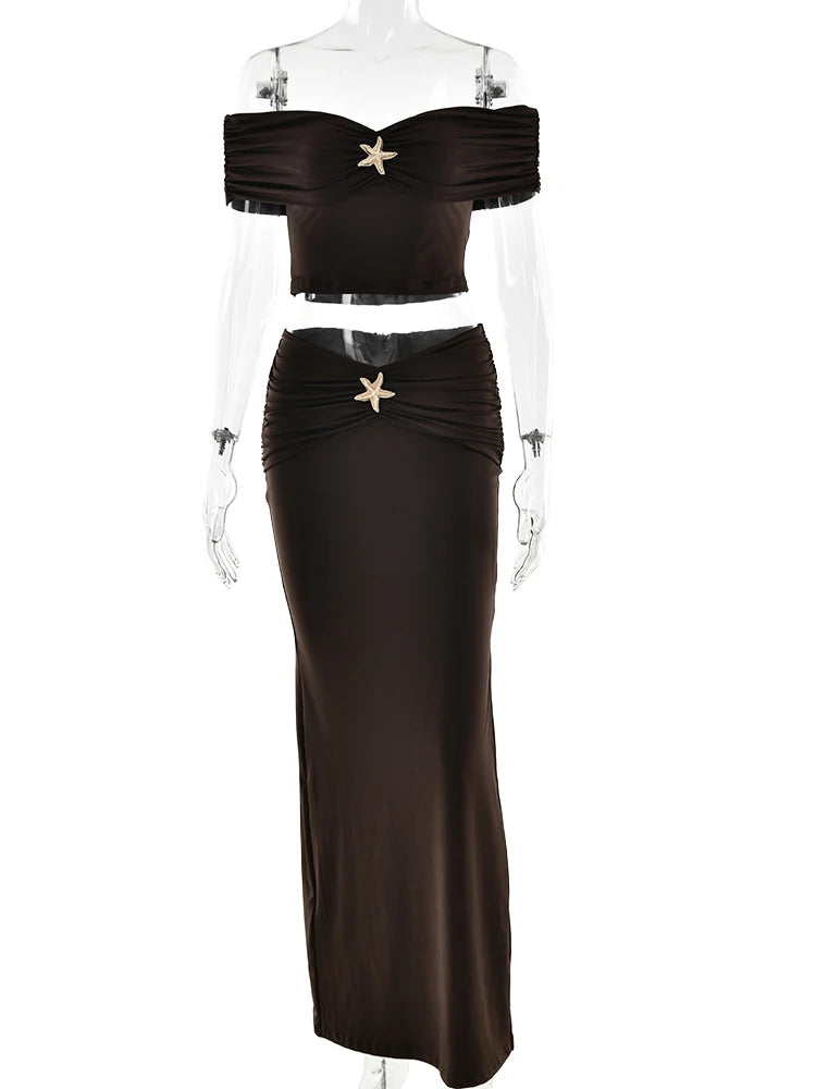 Off Shoulder Metal Stars Skirt Suit Coffee Backless Crop Top Long Skirt Set