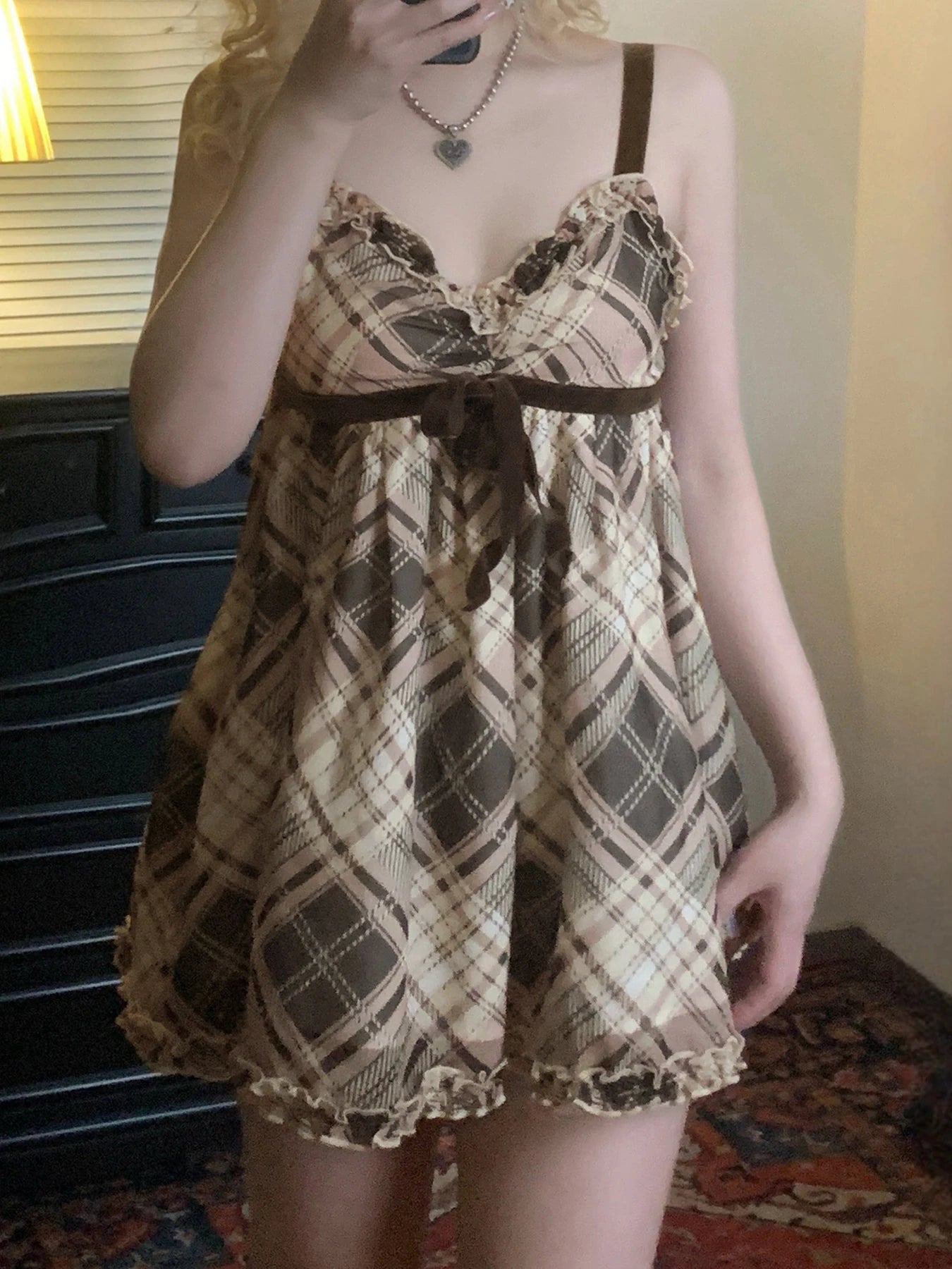 Plaid Print Camisole Ruched A-line Top Sleeveless Retro