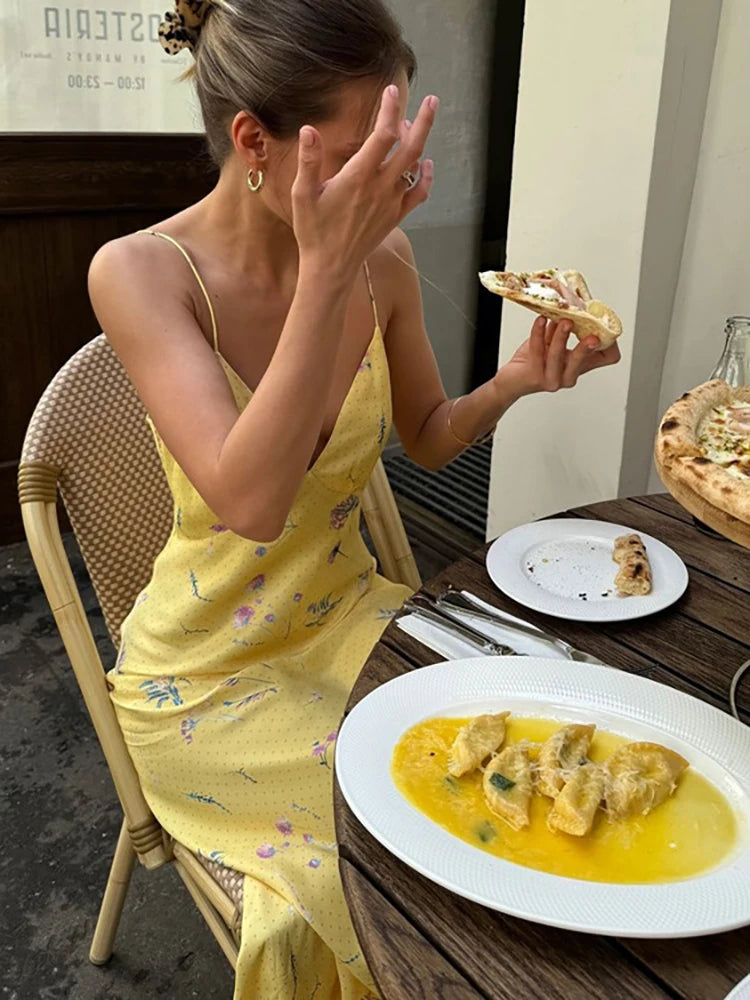 V-neck Floral Maxi Dress Yellow Spaghetti Strap Dress