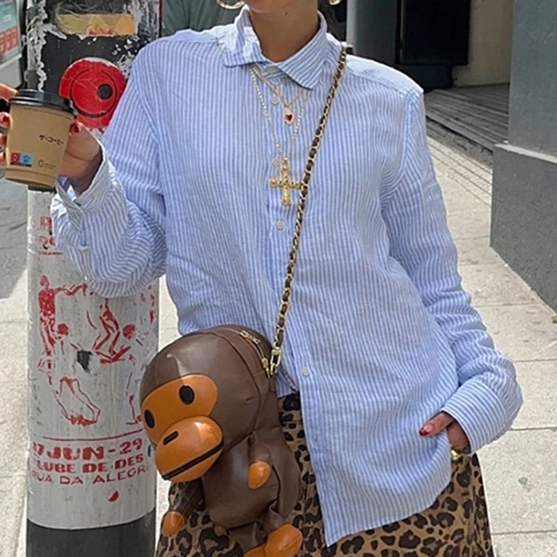 Loose Blouses Striped Print Turn-down Neck Shirts Button Up