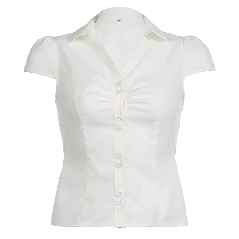 Turn-Down Neck Tee Shirts Short Sleeves Top Ruched Lace-up