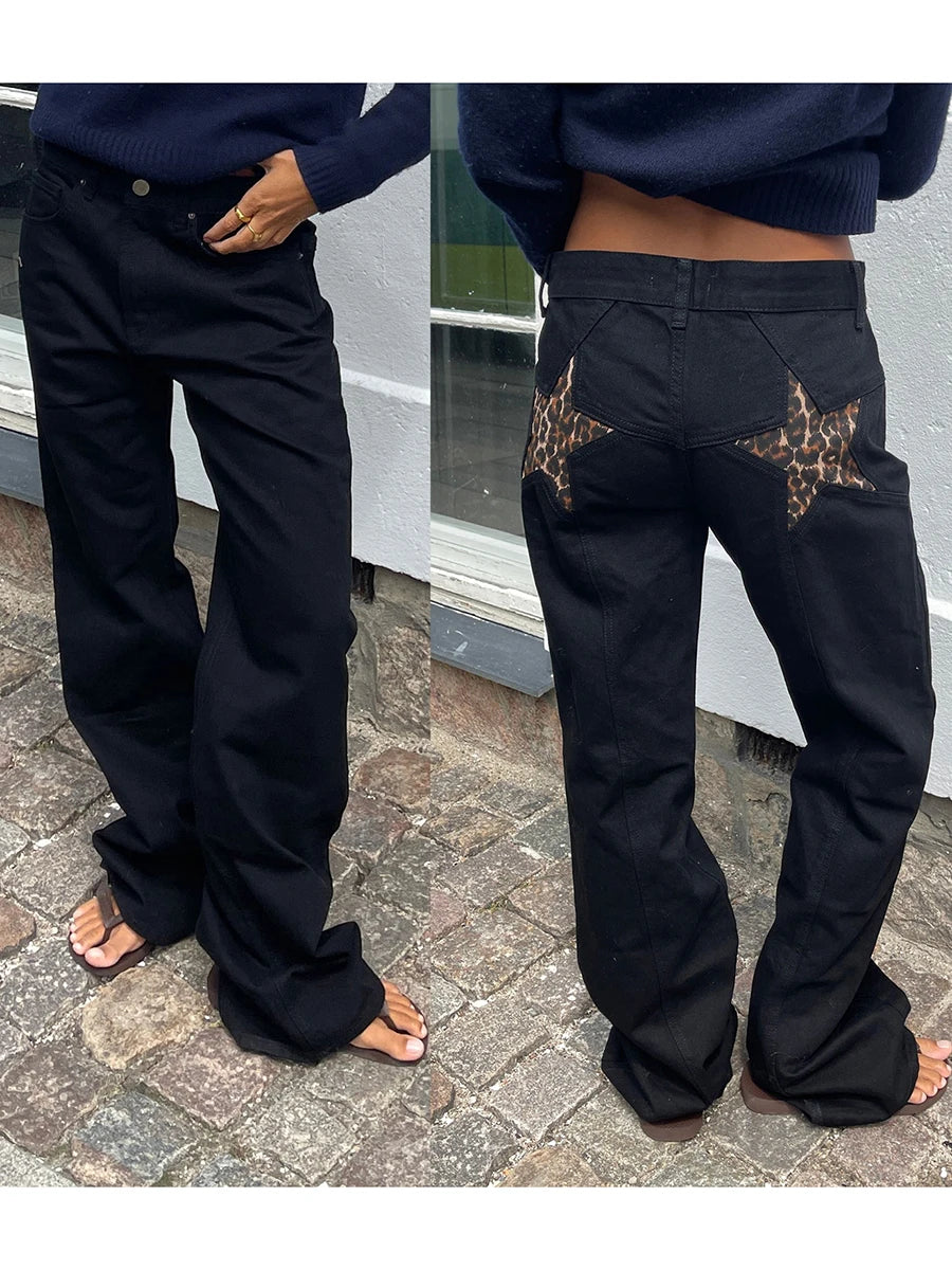 Star Pattern Loose Straight Leg Denim Low Waist Jeans