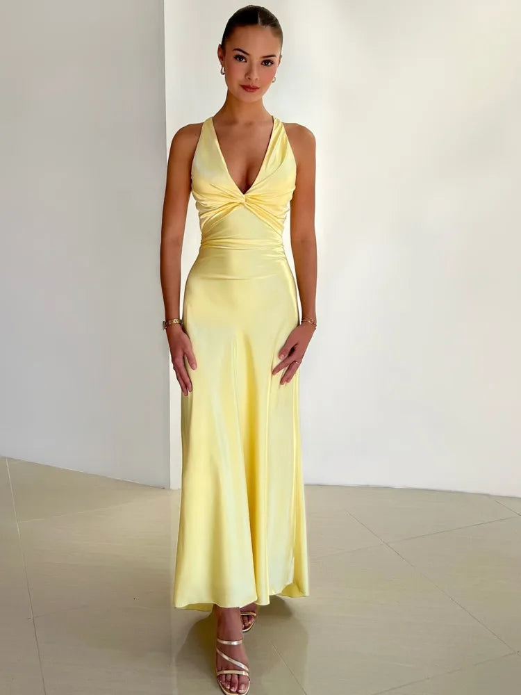 Satin Backless Ruched Maxi Dress