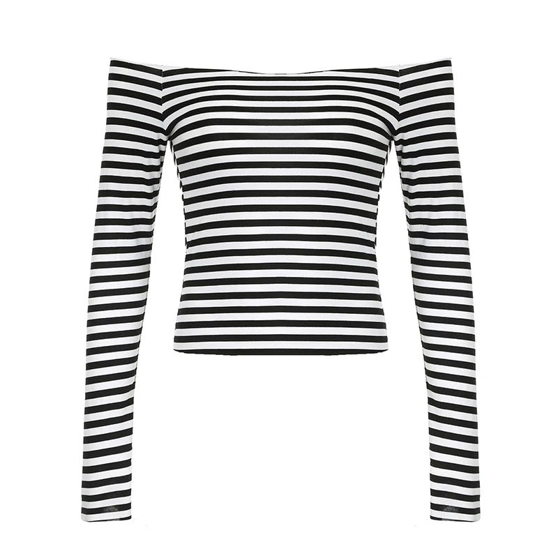 Slah Neck Strip Shirt Long Sleeve Crop Top Slim