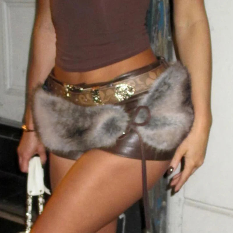Low Waisted Mini Leather Shorts Furry Belts Waist Bottoms