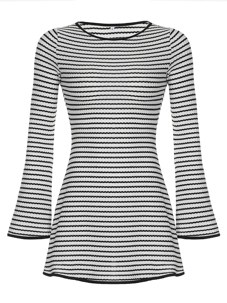 Crewneck Striped Mini Dress Flare Sleeves Comfy Pullovers