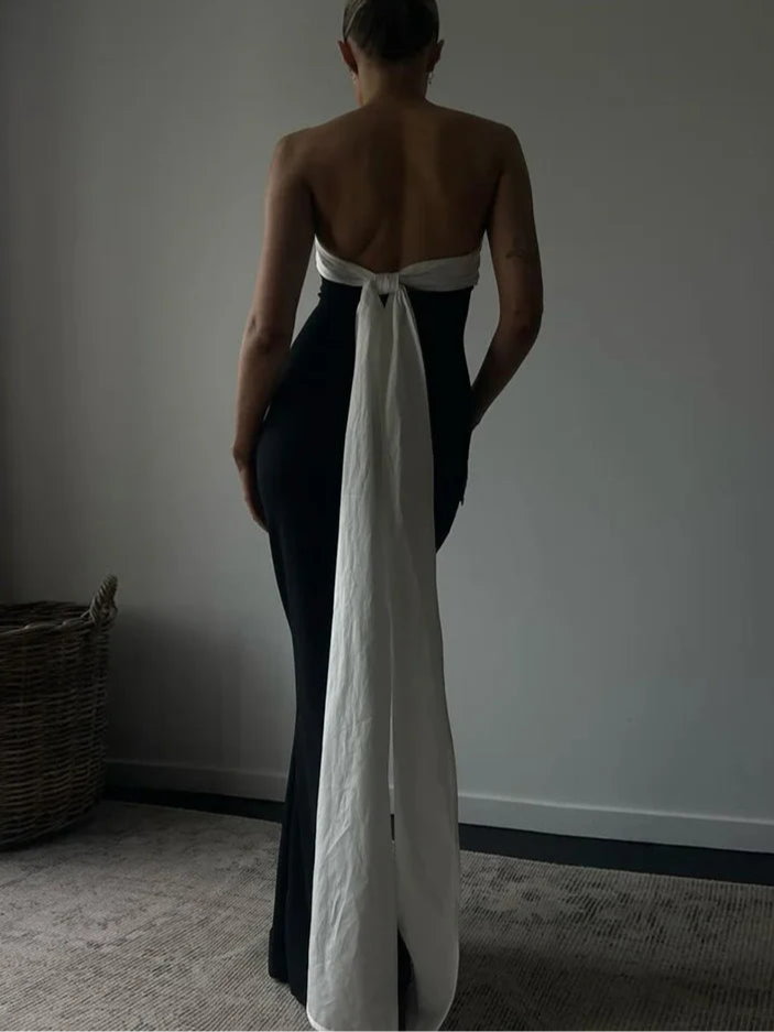 Black White Patchwork Dress Chest Wrap Extra-Long Tassel Backless