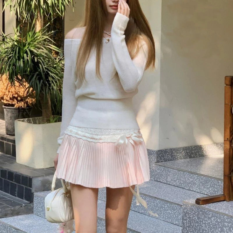 Pink Pleated Lace Bow Mini Skirt