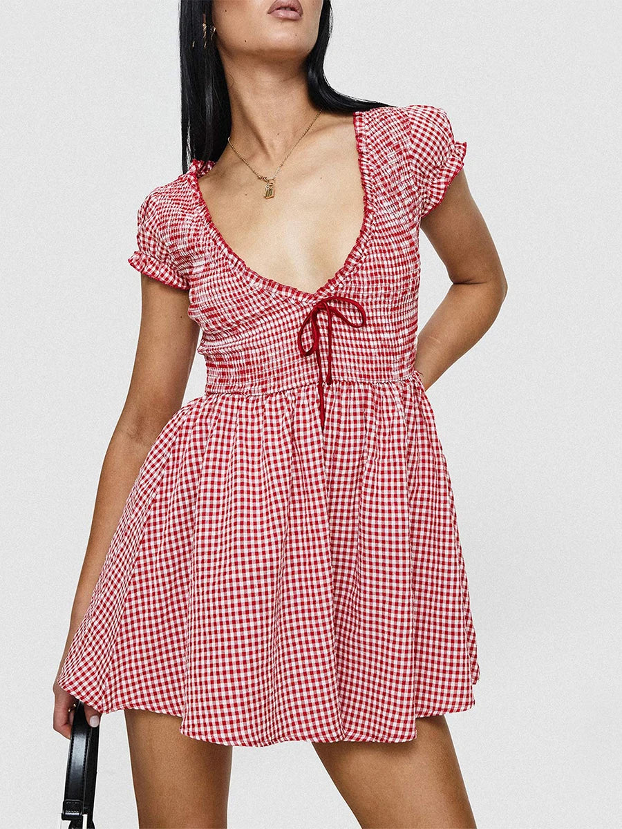 Y2k Gingham Playsuit Short Sleeve Smocked Babydoll Bodysuit Rompers Flowy A-Line Dress Retro