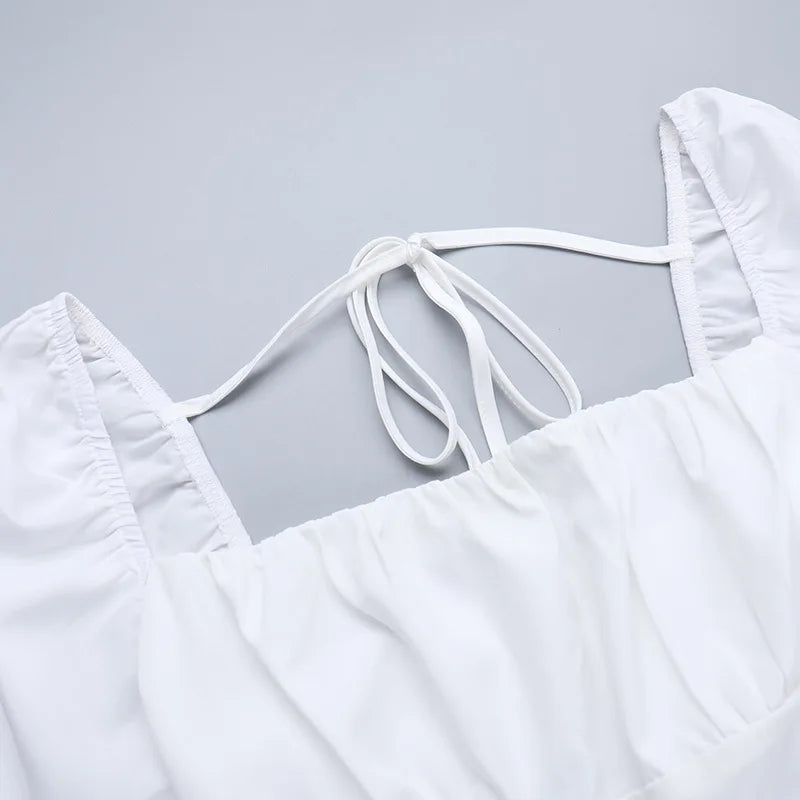 Square Collar Hollow Out Dress White Long Sleeve Mini Dress Slim Dress