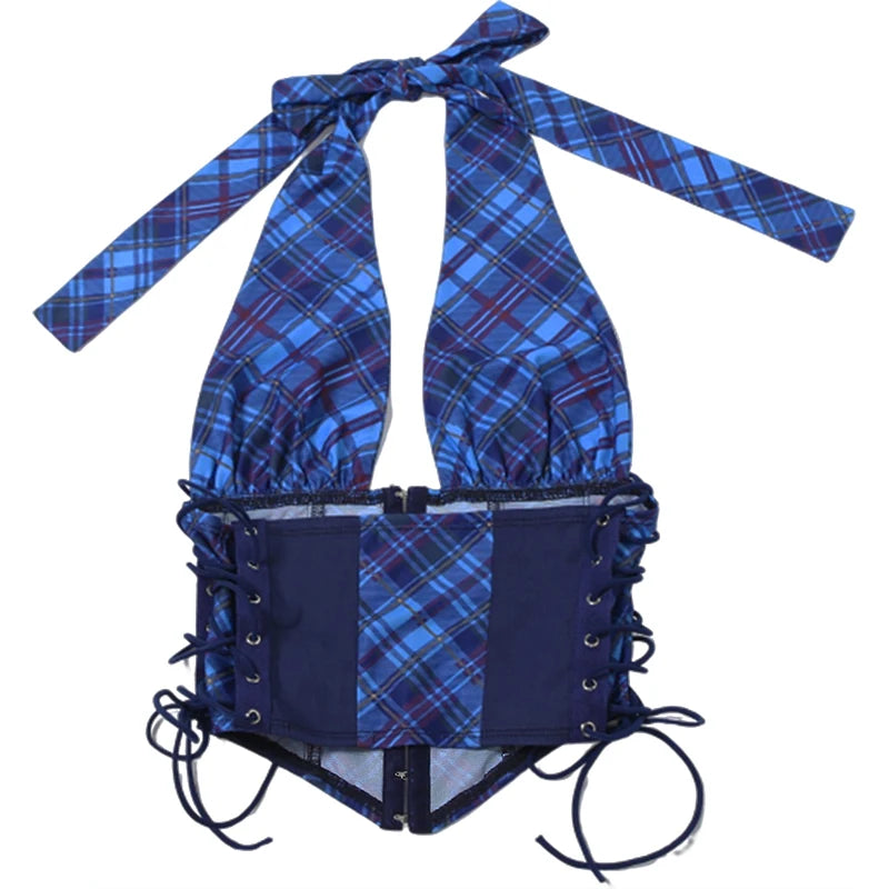 Blue Plaid Print Deep V-Neck Top