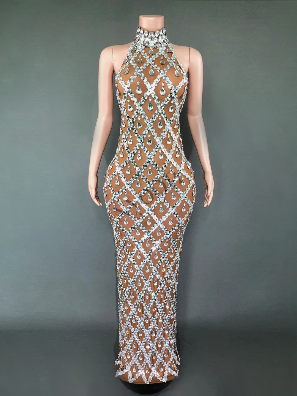 Sparkly Sequins Crystals Long Dress Prom Birthday Dress Transparent Performance Costume Show Stage Wear