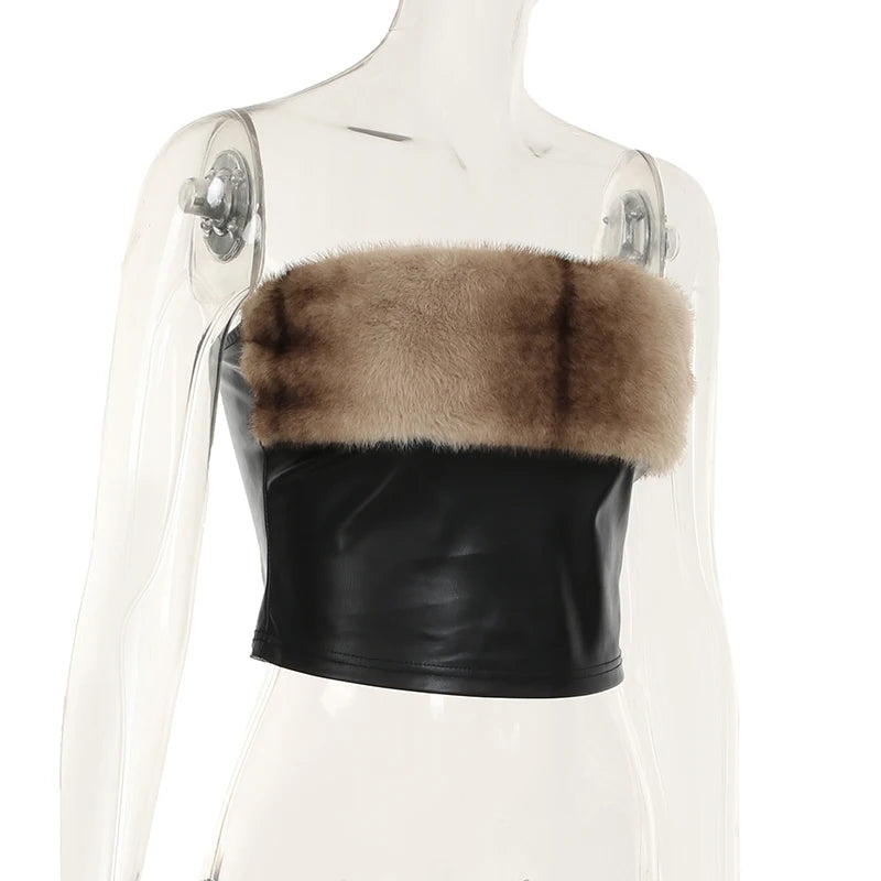Furry Two Pieces of Sets Backless Strapless and Mini Skirts Slim PU Cloth