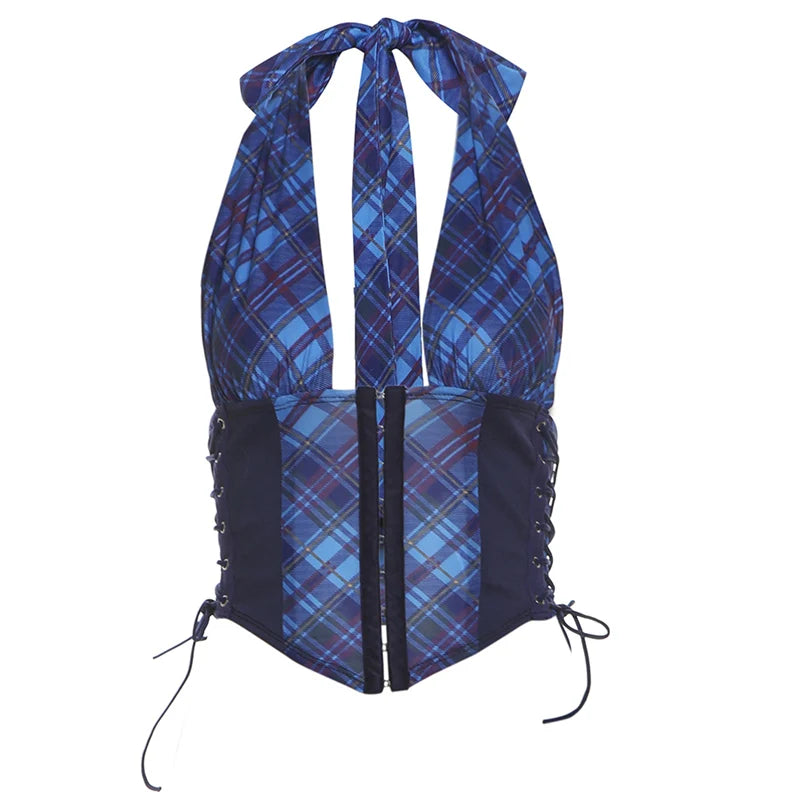 Bandage Button Top Plaid Print Deep V-Neck Halter Wild Hipster