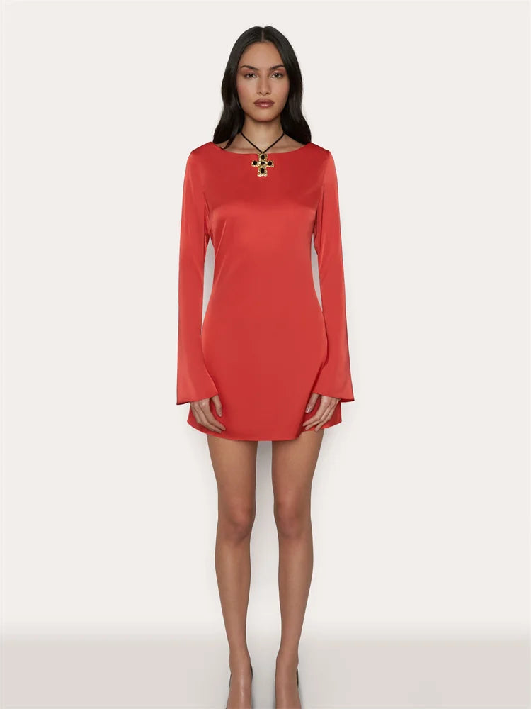 Satin Hollow Out Backless O-Neck Dress Long Sleeve Pullover Slim Fit Short Night Dress