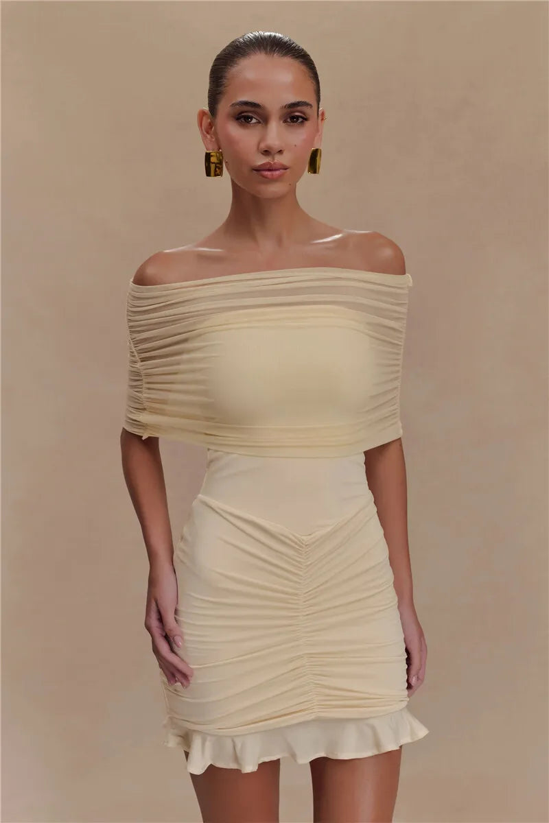 Mesh Strapless Off-shoulder Ruffled Mini Dress Backless High Waist Ruched Dress