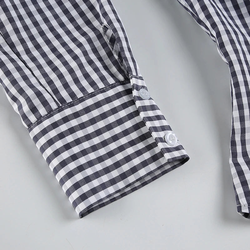 Plaid Button Up Bloue Turn-down Neck Shirt Top