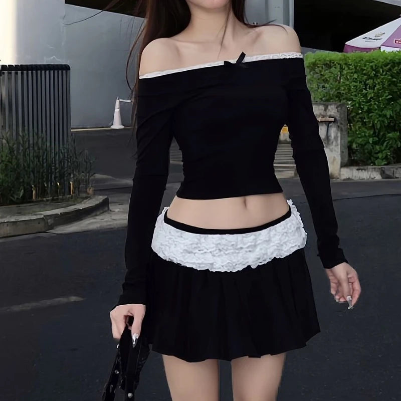 Black Long Sleeve Off Shoulder Lace Low Waist Mini Skirt Two Piece Set