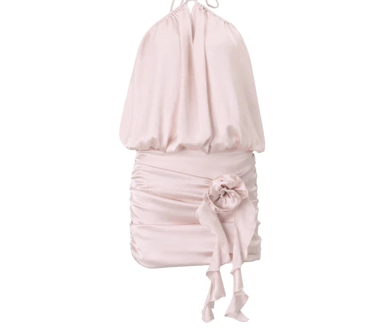 Halter 3D Flower Backless Sleeveless Satin Mini Dress