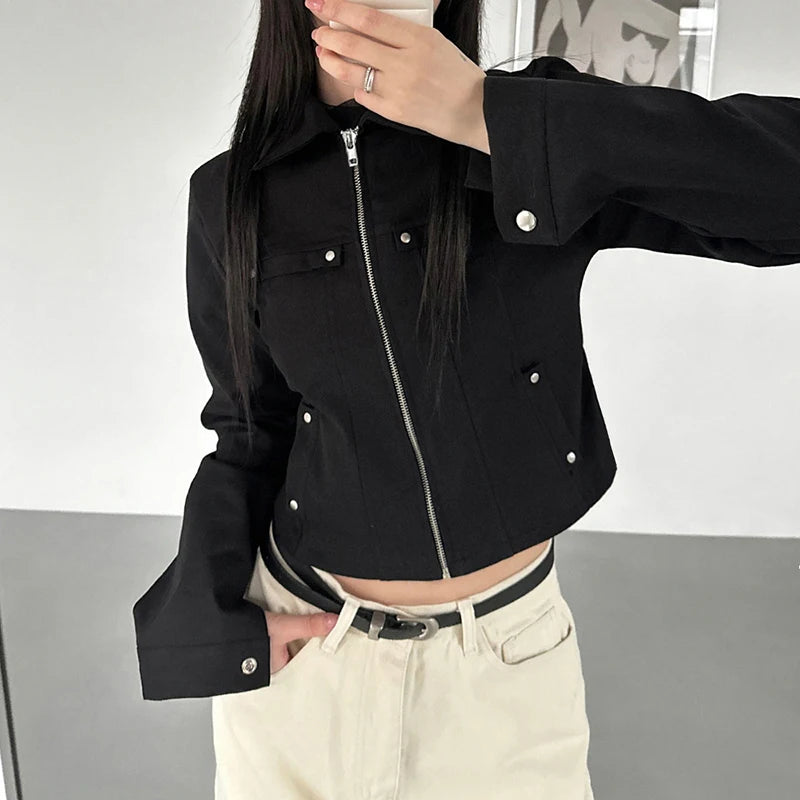 's Rivet Jacket Black Zip-Up with Pockets Long Sleeve Coats Cropped Design