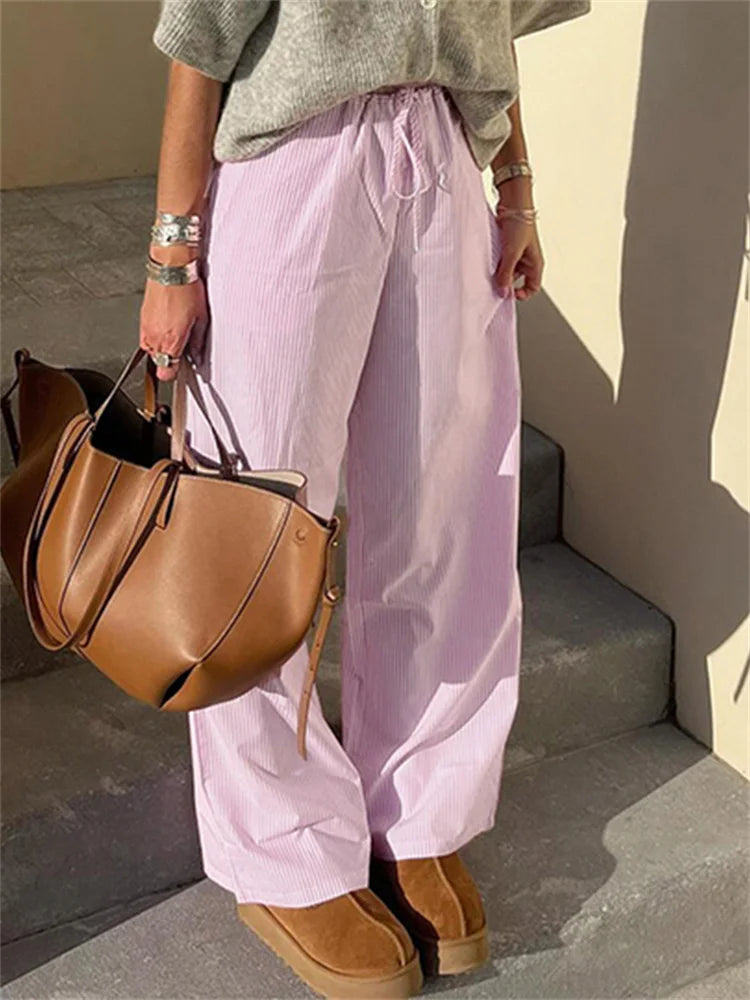 Striped Print Loose Trousers Lace-up Joggers Baggy Pants Bottoms