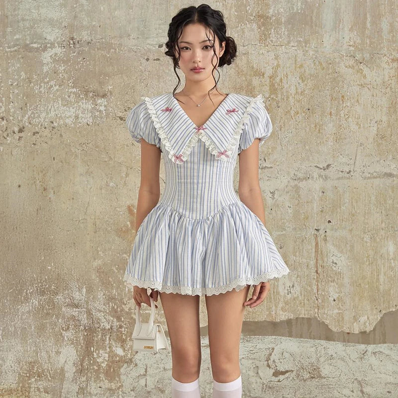 Blue Stripe Puff Sleeve A line Mini Dress