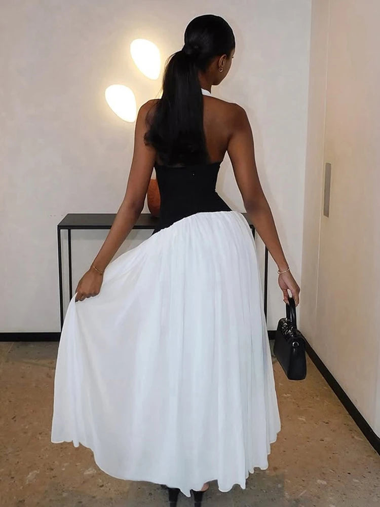 Halter Contrat Dress Claic Low Neck Backless Drap A-line Maxi Trend Bodycon