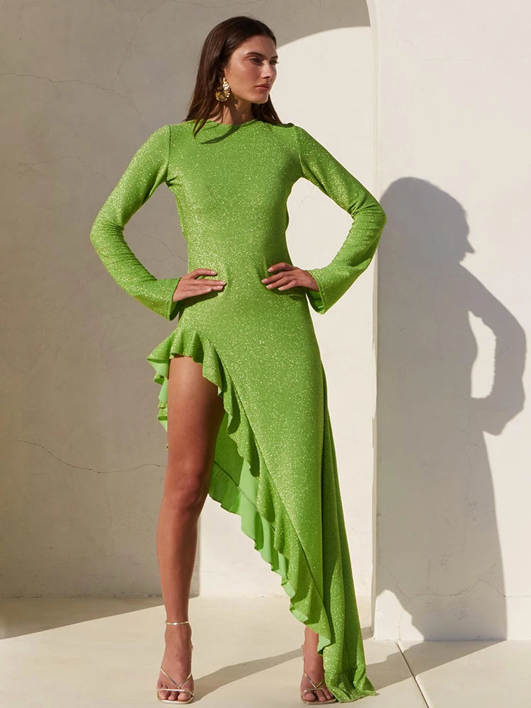 Backless Bright Silk Shiny Maxi Dress Green Long Sleeve Dress