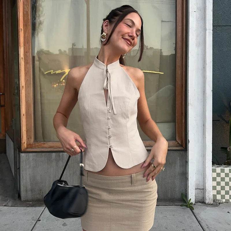 Khaki Sleeveless Slim Fit Vest