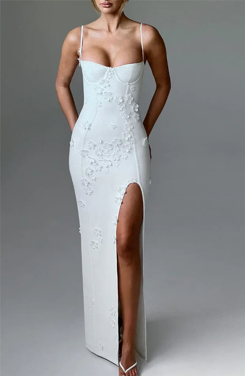 Flower Spaghetti Strap Maxi Dress Off-shoulder Backless Thigh High Split Evening Dress