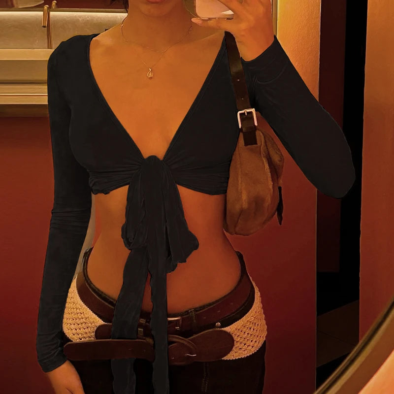Slim Lace Up Leisure Shirts Long Sleeves V-neck s Top