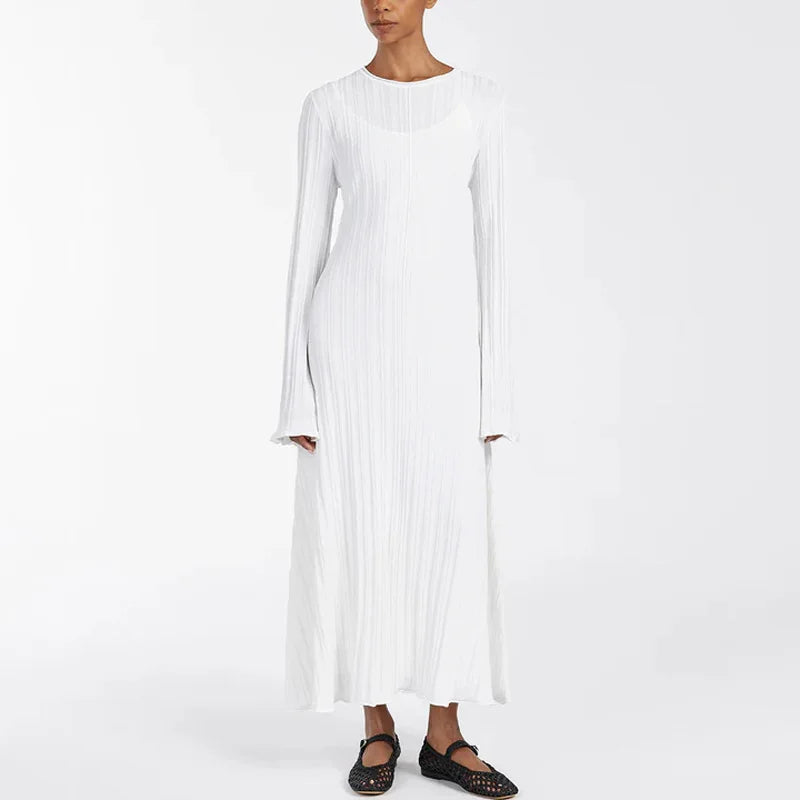 Knit Loose Maxi Dress Lace-Up High Waist Ribbed Long Sleeve Dress Knit Long Dress