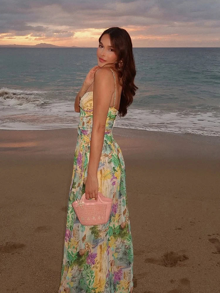Splice Dress Hollow Low Neck Drap Supendency Maxi Vacation
