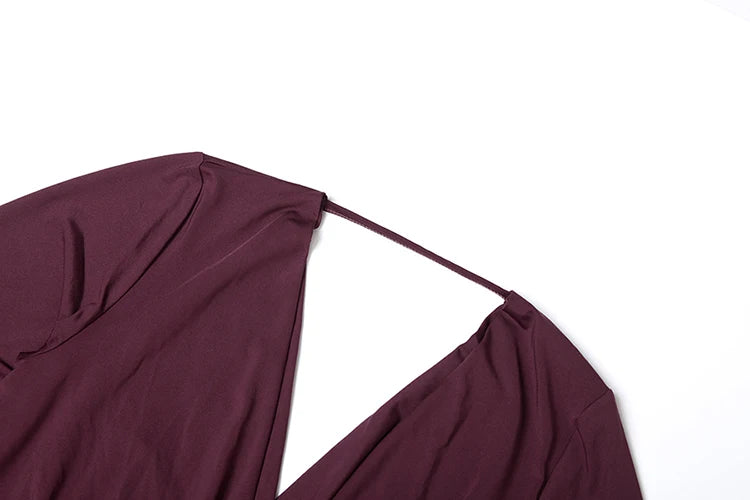 Ruched Backless Dress Deep V-Neck Full Sleeve Rings Patchwork Irregular Hem Mini Bodycon