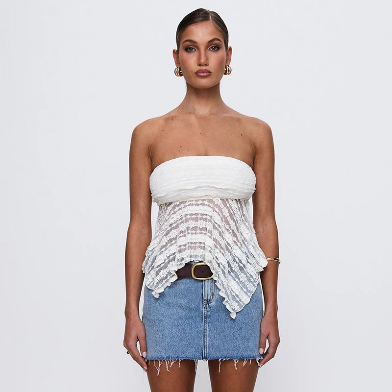 Lace Patchwork Irregular Straple T-Shirt Top