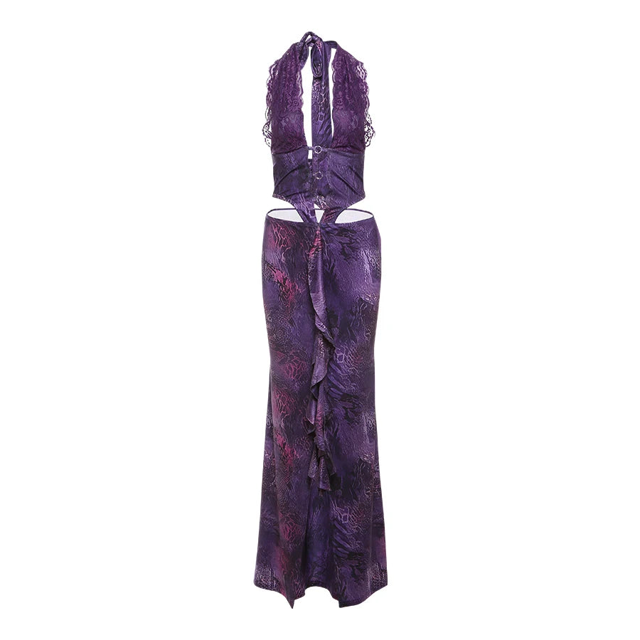 Hollow Waistless Dress Mesh Patchwork Halter Backless Ruffles Ribbon Robe
