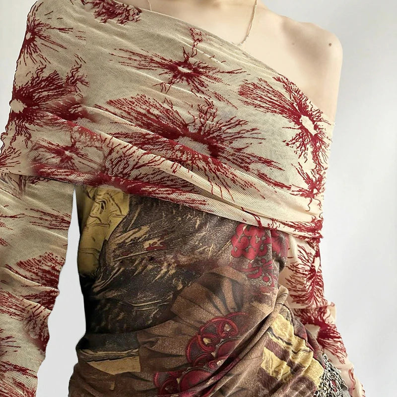 Printed Mesh Patchwork Top Slash Neck Slim Long Sleeves Shirts Y2k