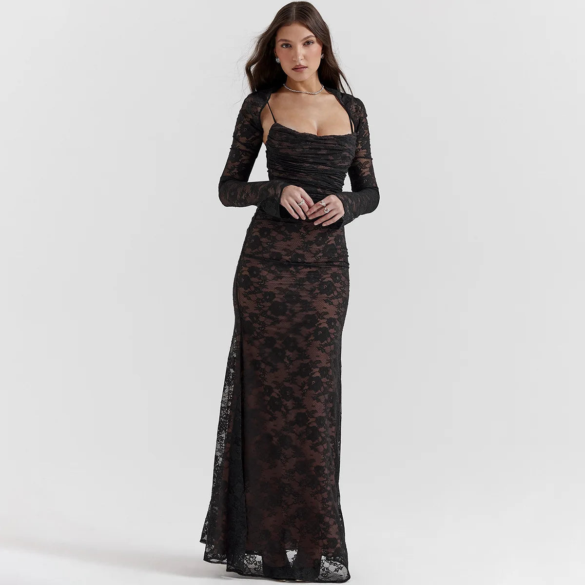 Lace Hollow Out Long Sleeve Two Piece Set