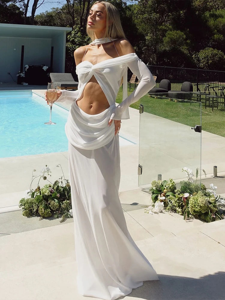 Meh Stack Dress Unique Hollow Off Shoulder Pleat Full Sleeve Flare Maxi Bodycon Vacation