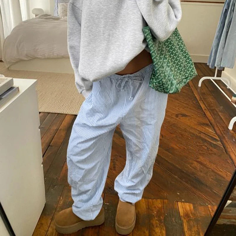 Striped Print Loose Trousers Lace-up Joggers Baggy Pants Bottoms