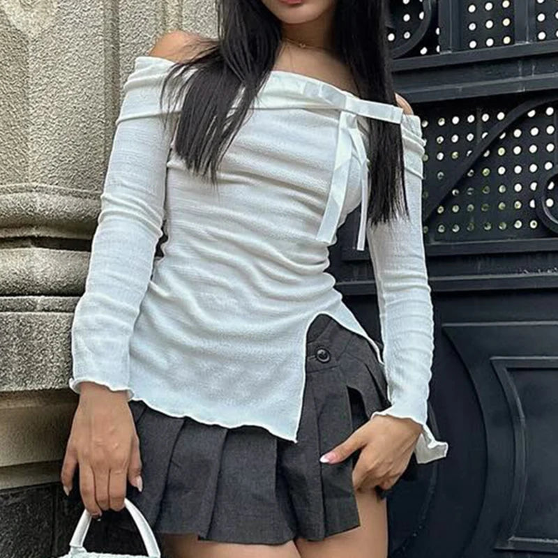 Lace-up 's White Tee Shirts Slash Neck Slits Top Slim Daily