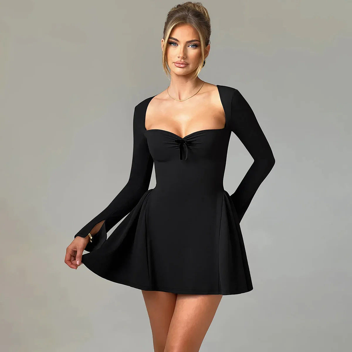 Square Collar Slinky A-Line Mini Dress Bow Detail Long Sleeve Ruched Dress